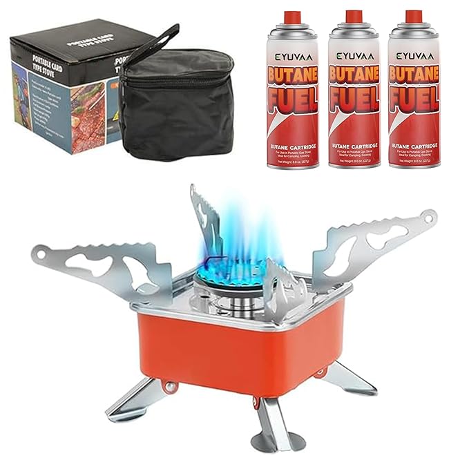 EYUVAA LABEL Alloy Steel Portable Gas Stove for Travel with Butane Gas Cylinder, Folding Furnace Outdoor Camping Stove, Lightweight Gas Burner for Hiking and Emergency Use (Stove + 3 Gas Refill)